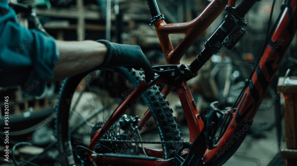 A mechanic's hand adjusts the rear suspension linkage of a mountain bike in a cluttered workshop. A mechanic's hand adjusts the rear suspension linkage of a mountain bike in a cluttered workshop.