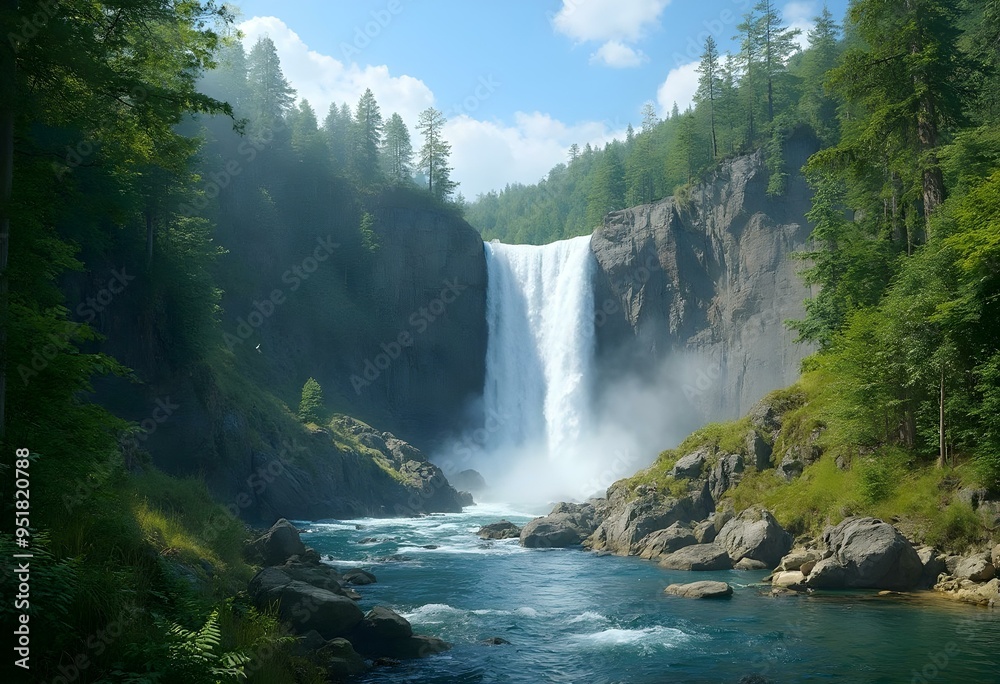 Fototapeta premium Majestic Waterfall Flowing Through a Forested Valley