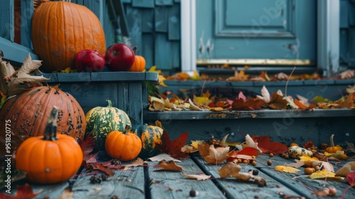 A rustic autumn porch laden with pumpkins and scattered leaves, under a soft, overcast light showcasing cozy fall traditions. photo