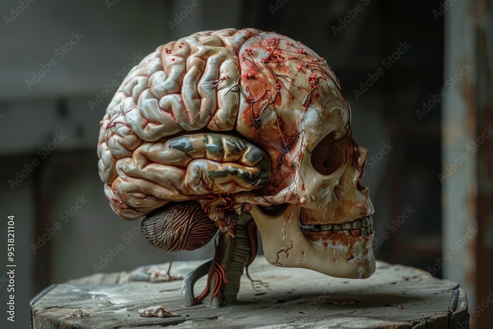 Anatomical model of a human brain showing skull resting on a wooden surface Anatomical model of a human brain showing skull resting on a wooden surface