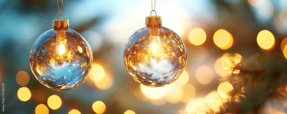 Two sparkling Christmas ornaments hanging against a backdrop of warm, glowing lights, creating a festive holiday atmosphere. Two sparkling Christmas ornaments hanging against a backdrop of warm, glowing lights, creating a festive holiday atmosphere.