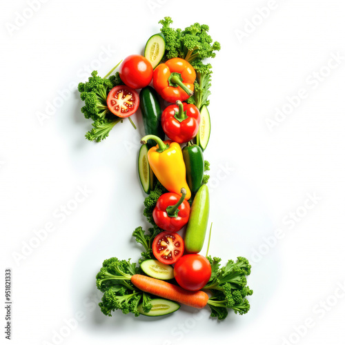 Vegetable number 1, Letters made from fresh vegetables. Generative AI
