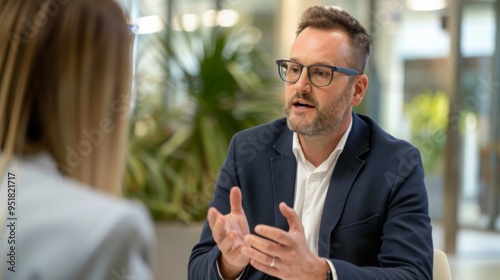 Professional businessman in his thirties discussing with a female colleague during an office meeting, showcasing collaboration and communication in modern business environment photo