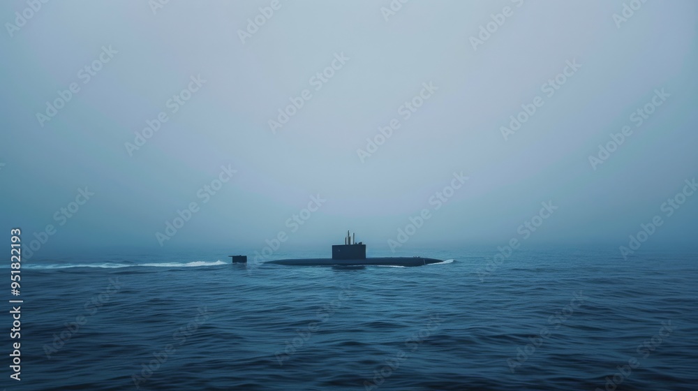 A solitary submarine sails through the misty, calm ocean, disappearing into the fog, representing mystery and exploration. A solitary submarine sails through the misty, calm ocean, disappearing into the fog, representing mystery and exploration.