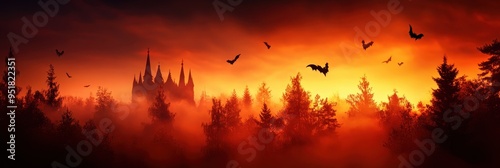 Haunted Halloween Landscape with Foggy Sunset - Background with Copyspace for Seasonal Advertising