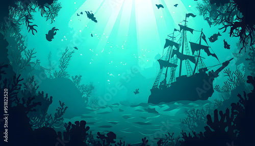 Pirate Shipwreck at the Ocean Bottom Surrounded by Marine Life 