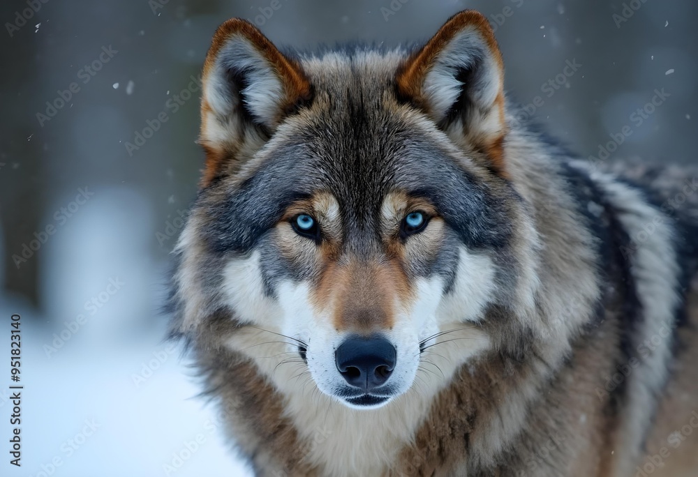 Naklejka premium Captivating Close-Up of a Majestic Wolf with Piercing Blue Eyes