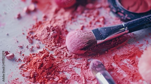 Makeup brushes rest on a textured surface scattered with vibrant pink powder, showcasing the beauty and artistry of cosmetics.