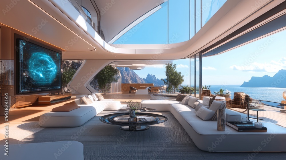 Futuristic Whimsical 3D Living Room with Panoramic Views and Holographic Displays Futuristic Whimsical 3D Living Room with Panoramic Views and Holographic Displays