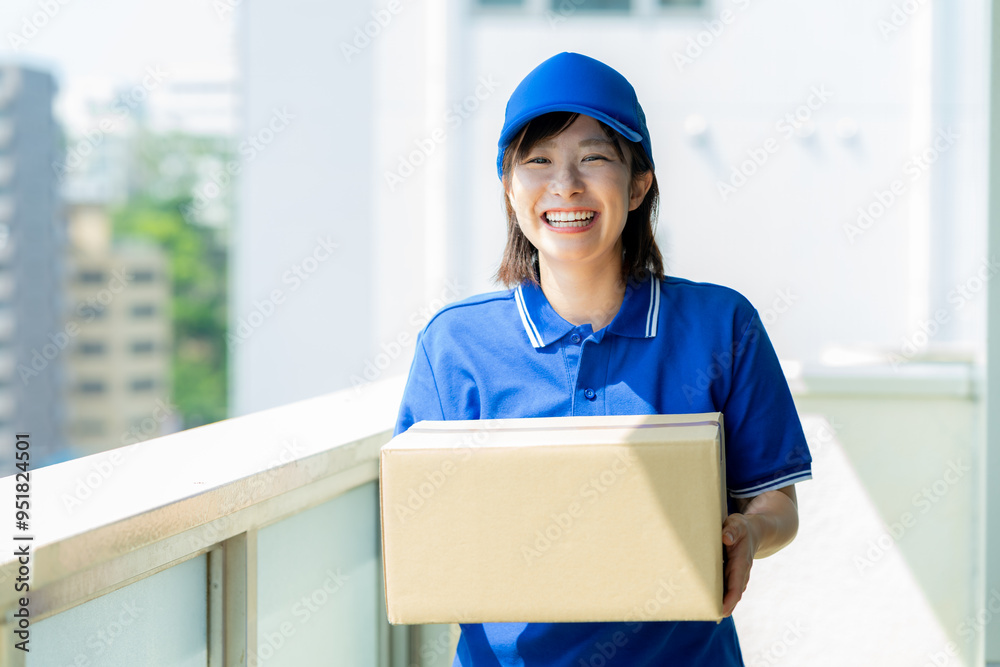 荷物を届ける若い女性 荷物を届ける若い女性