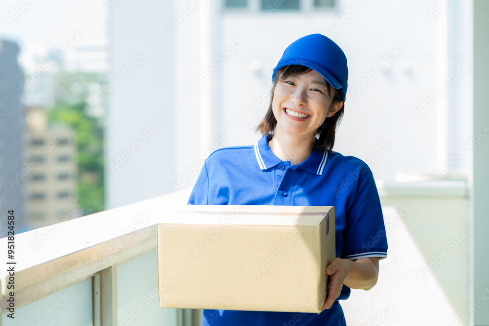 荷物を届ける若い女性 荷物を届ける若い女性