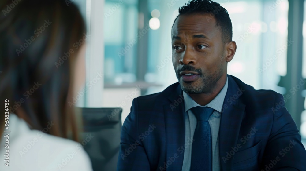 Professional businessman in his thirties discussing with a female colleague during an office meeting, showcasing collaboration and communication in modern business environment