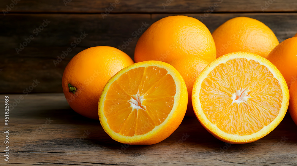 A group of fresh oranges on a wooden table, one of them cut in half A group of fresh oranges on a wooden table, one of them cut in half