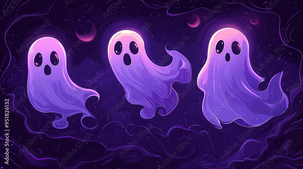Three ghostly figures with large eyes and mouths float in a dark, purplish cosmic setting adorned with whimsical swirls, capturing a spooky ethereal atmosphere. Three ghostly figures with large eyes and mouths float in a dark, purplish cosmic setting adorned with whimsical swirls, capturing a spooky ethereal atmosphere.