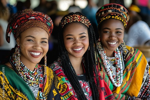 Smiling African women, South Africans celebrating Heritage Day with traditional clothing cultural diversity photo