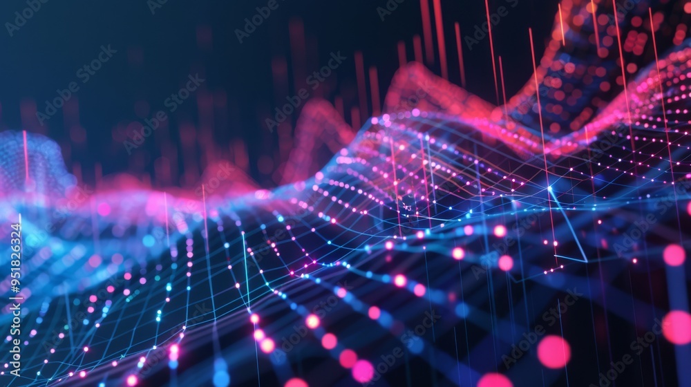 Abstract digital waveforms in shades of pink and blue against a dark background, symbolizing data flow and technology. Abstract digital waveforms in shades of pink and blue against a dark background, symbolizing data flow and technology.