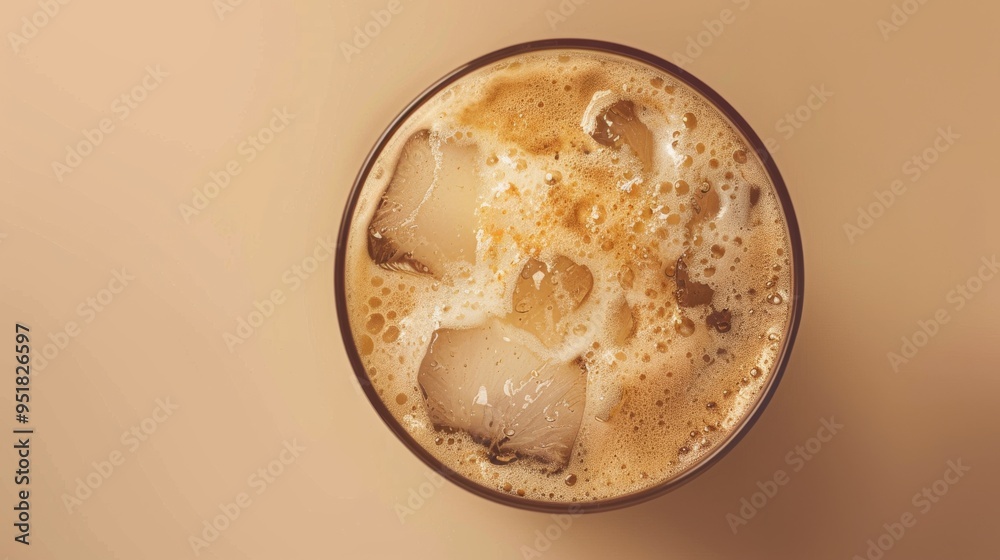 A seamless, high-angle shot of iced coffee in a glass, highlighting its creamy foam and delicious texture on a neutral background. A seamless, high-angle shot of iced coffee in a glass, highlighting its creamy foam and delicious texture on a neutral background.