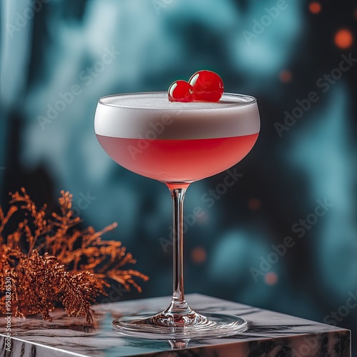 A stunning cocktail in a stylish glass topped with cherries, perfect for vibrant entertaining or relaxing evenings. photo