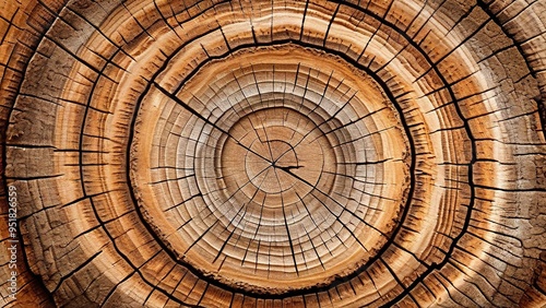 Close-up of a tree trunk's cross section, revealing concentric rings, cracks, and natural texture.