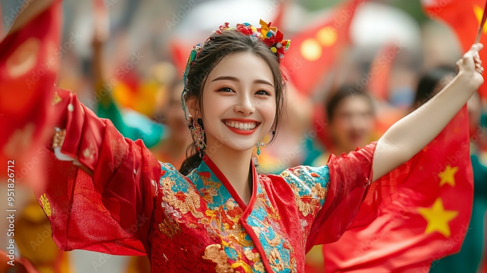 Woman celebrating founding Peoples Republic of China with flags and traditional clothing joyful gathering Woman celebrating founding Peoples Republic of China with flags and traditional clothing joyful gathering