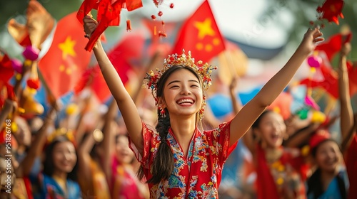 Woman celebrating founding Peoples Republic of China with flags and traditional clothing joyful gathering photo