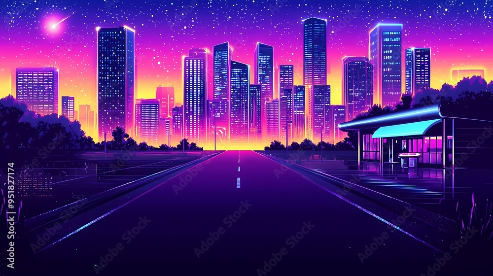 Fototapeta premium A vibrant neon cityscape at dusk, featuring glowing skyscrapers and a serene bus stop.