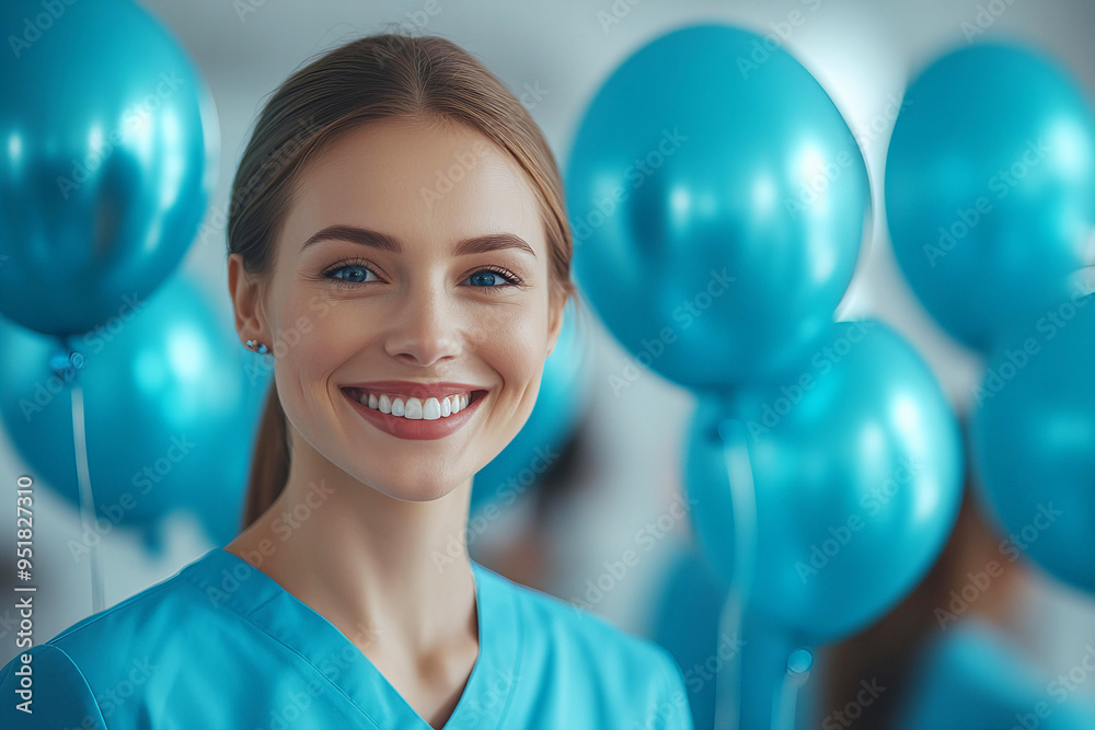 Portrait of a beautiful young woman doctor with blue balloons honor the work of doctors Doctors Day Portrait of a beautiful young woman doctor with blue balloons honor the work of doctors Doctors Day