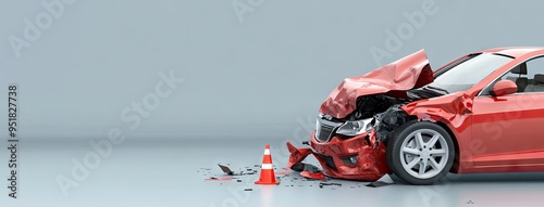 A striking 3D rendering of a red car accident featuring traffic cones, emphasizing safety as a priority in urban environments photo