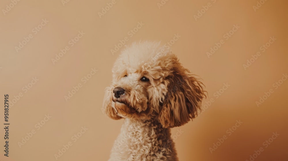A fluffy poodle in front of a warm, beige background stares off to the side, showcasing its curly coat and endearing expression.