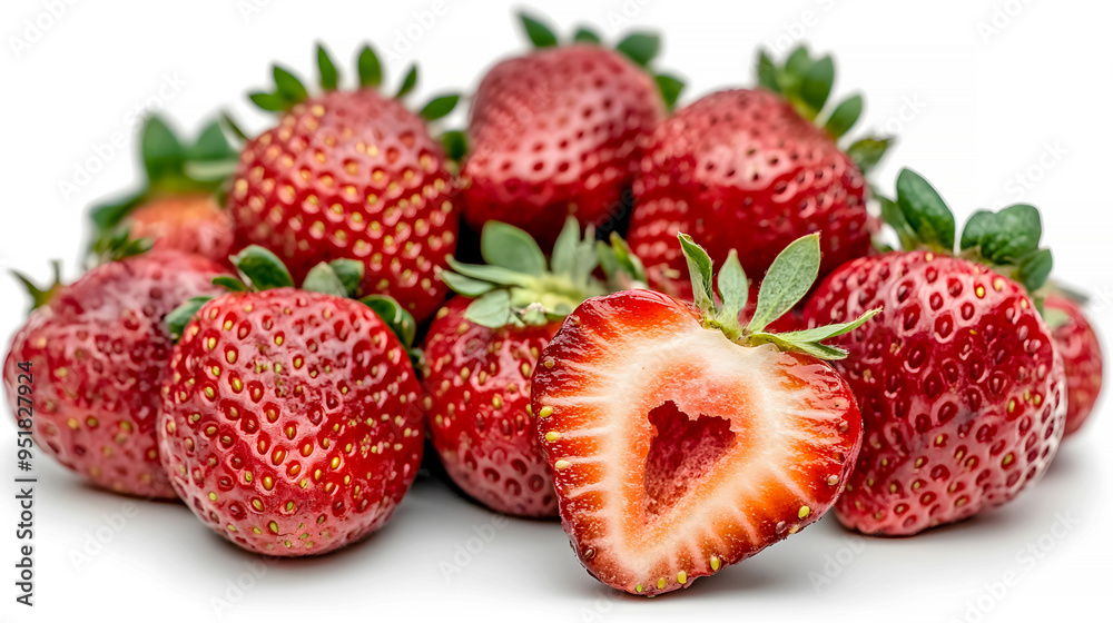 A group of strawberries with one cut in half, showing the juicy inside