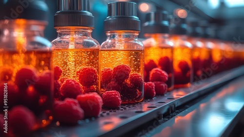 nanobot assembly line creating organic juice in translucent fruits microscopic view of molecular gastronomy quantum flavors materialize in bottles holographic quality control photo