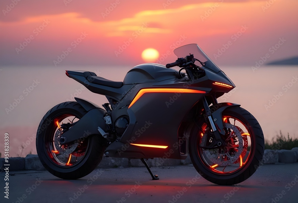 Fototapeta premium Sleek Electric Motorcycle with LED Lighting at Sunset