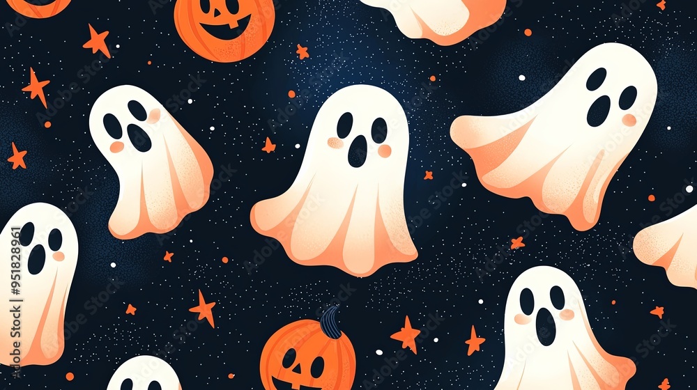 This artwork showcases ghosts and pumpkins floating in a starry night sky. The Halloween-themed image combines cute and slightly spooky elements to depict a festive scene. This artwork showcases ghosts and pumpkins floating in a starry night sky. The Halloween-themed image combines cute and slightly spooky elements to depict a festive scene.