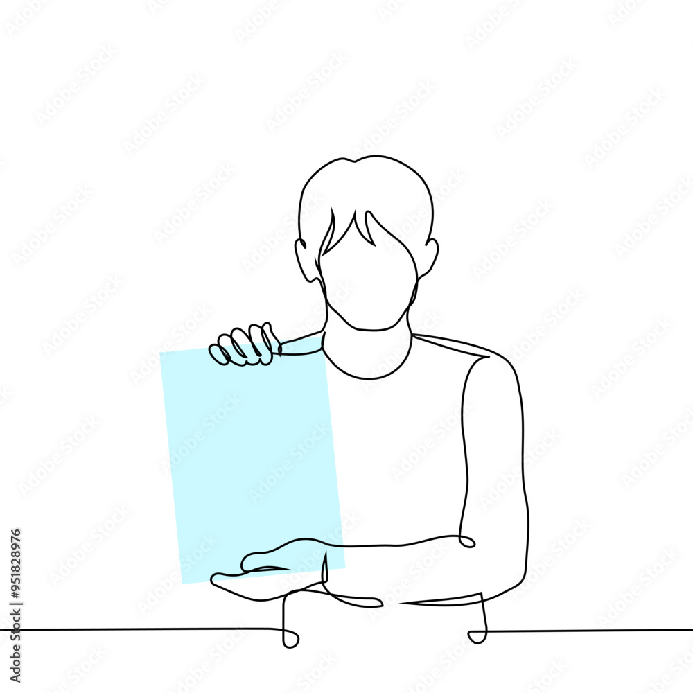 man standing holding blank vertical sheet of paper or poster - one line art vector. concept mockup for text or illustration man standing holding blank vertical sheet of paper or poster - one line art vector. concept mockup for text or illustration