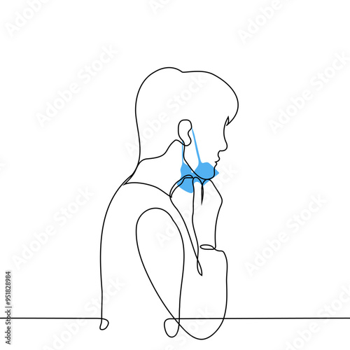 man pulling mask off face - one line art vector. catch your breath concept, end of lockdown