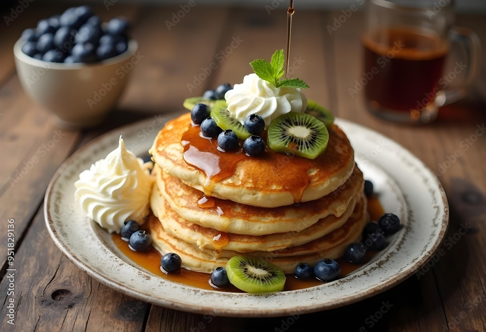 Delicious Fluffy Pancakes with Syrup, Kiwi, Blueberries, and Whipped Cream Delicious Fluffy Pancakes with Syrup, Kiwi, Blueberries, and Whipped Cream