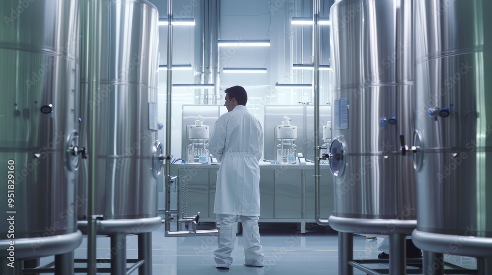 A scientist in a white lab coat stands between large, stainless steel fermentation tanks in a modern, sterile laboratory, representing innovation in scientific research. A scientist in a white lab coat stands between large, stainless steel fermentation tanks in a modern, sterile laboratory, representing innovation in scientific research.