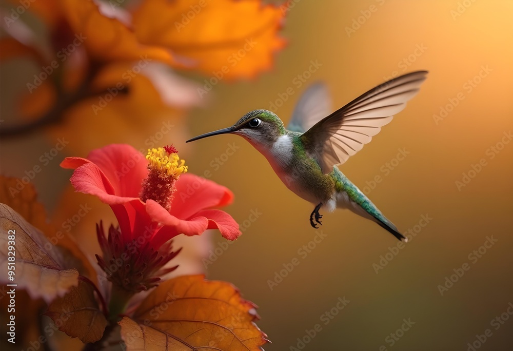 Fototapeta premium Hummingbird in Midflight Pollinating Red Flower