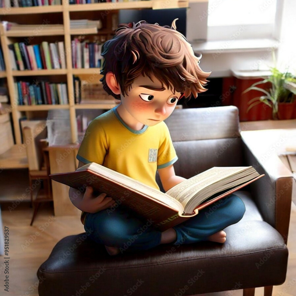 Boy reading a book at library 