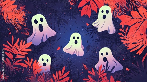 Eerie image of white ghosts floating in a field of red and blue foliage. The background subtly glows with stars to enhance the mystical and supernatural ambiance.