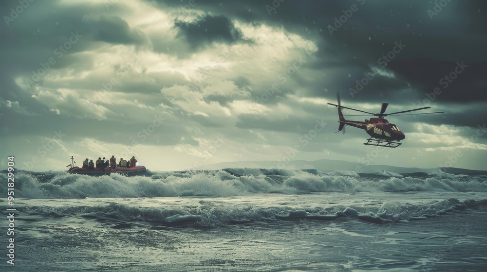 Fototapeta premium A helicopter hovers above a rescue boat navigating the stormy ocean, highlighting a dramatic and intense rescue operation.