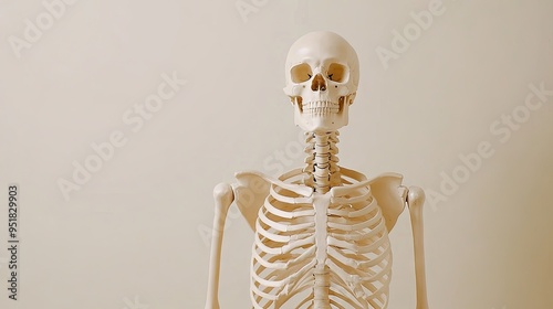A lifelike skeleton model stands illuminated by sunlight in a light beige setting, inviting creativity in available empty space above