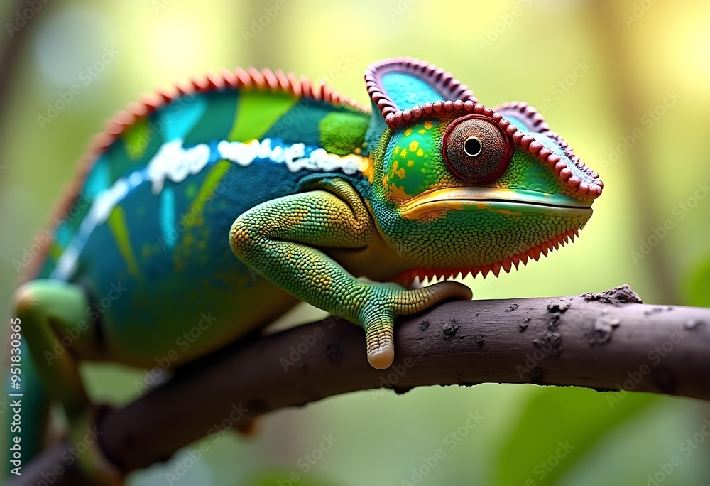 Fototapeta premium Colorful Chameleon on Branch in Lush Natural Habitat
