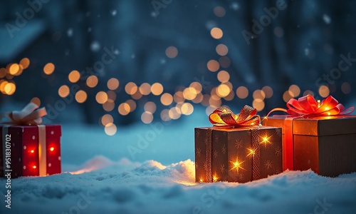 lluminated christmas gift boxes on winter snow, outdoor background photo