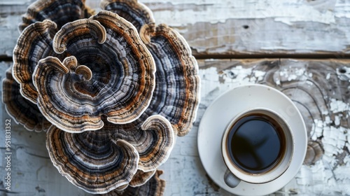 A steaming cup of black coffee sits next to a stunning cluster of multicolored mushroom corals on a rustic wooden table, creating a contrast of nature and nurture. photo