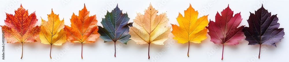 A set of colorful autumn maple leaves isolated on a white background, with copy space A set of colorful autumn maple leaves isolated on a white background, with copy space
