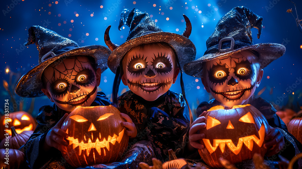 Three cheerful characters dressed in Halloween costumes showcase their spooky pumpkin carvings. The atmosphere is lively with vibrant blue lighting, perfect for the Halloween spirit Three cheerful characters dressed in Halloween costumes showcase their spooky pumpkin carvings. The atmosphere is lively with vibrant blue lighting, perfect for the Halloween spirit
