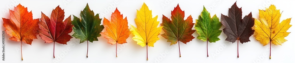 A set of colorful autumn maple leaves isolated on a white background, with copy space A set of colorful autumn maple leaves isolated on a white background, with copy space