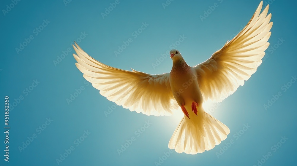 The Holy Spirit as a majestic dove, soaring upwards with wings fully extended, bathed in a divine glow against a clear blue sky The Holy Spirit as a majestic dove, soaring upwards with wings fully extended, bathed in a divine glow against a clear blue sky