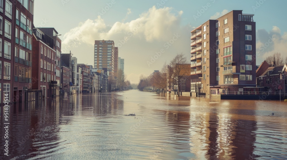 Fototapeta premium A flooded urban street with residential buildings on each side and reflections of the sunset in the water.